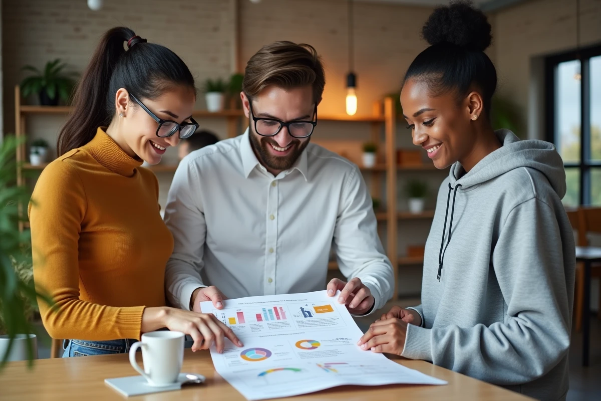 Groupe de professionnels discutant d'une infographie sur la personnalisation avancée dans un espace de coworking