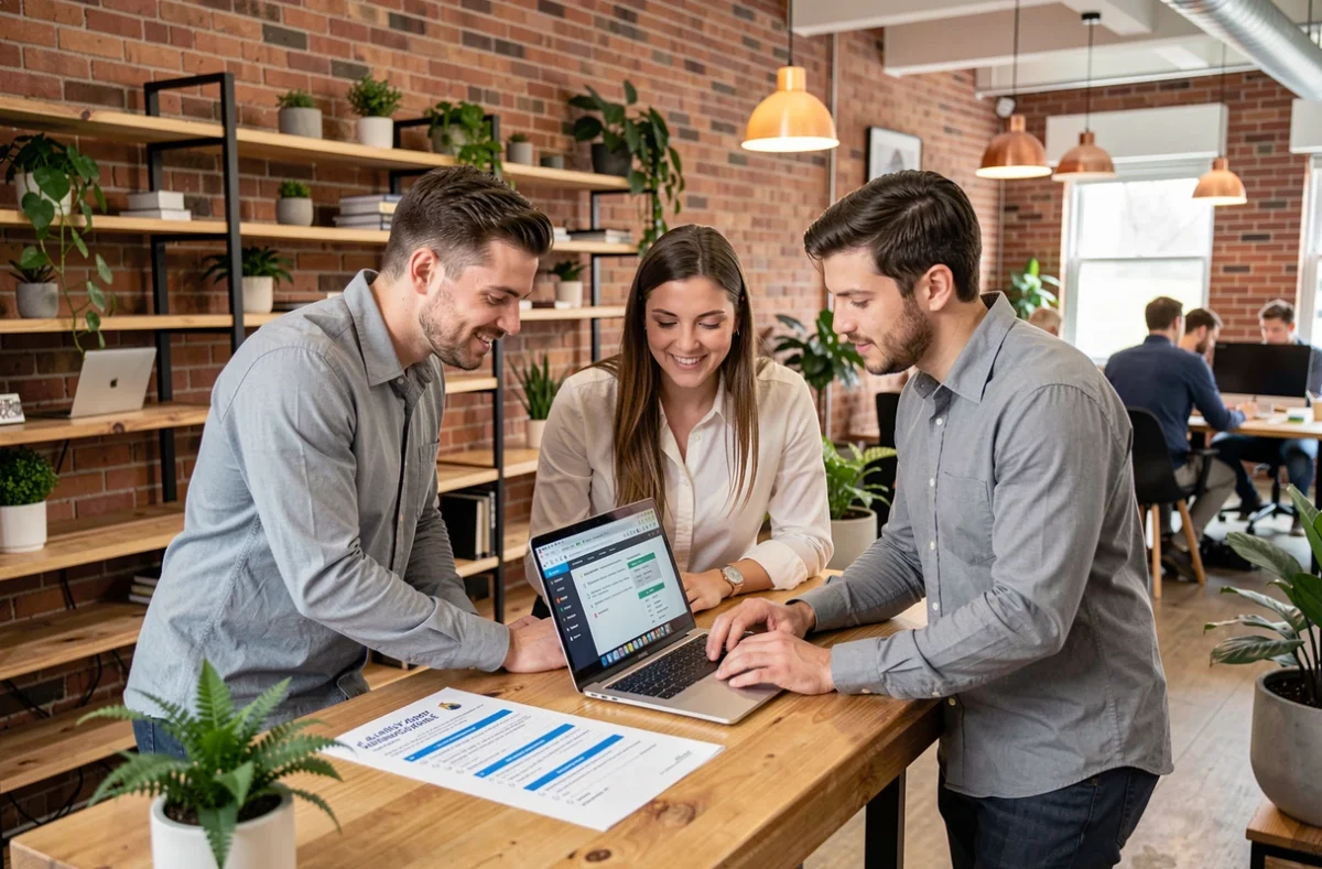 Équipe de professionnels collaborant sur la création d'une structure de portage salarial dans un espace de coworking moderne