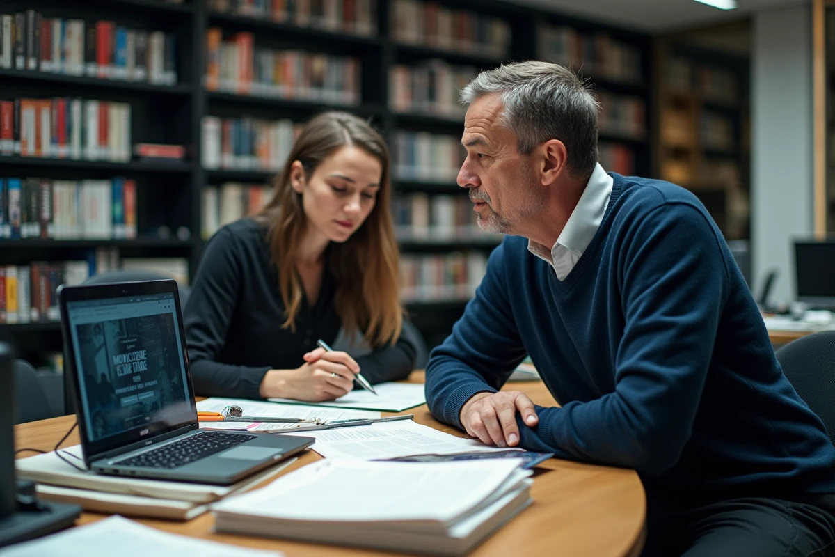 Équipe de production cinématographique française en réunion dans un bureau de production moderne, illustrant le travail en coulisses du cinéma français