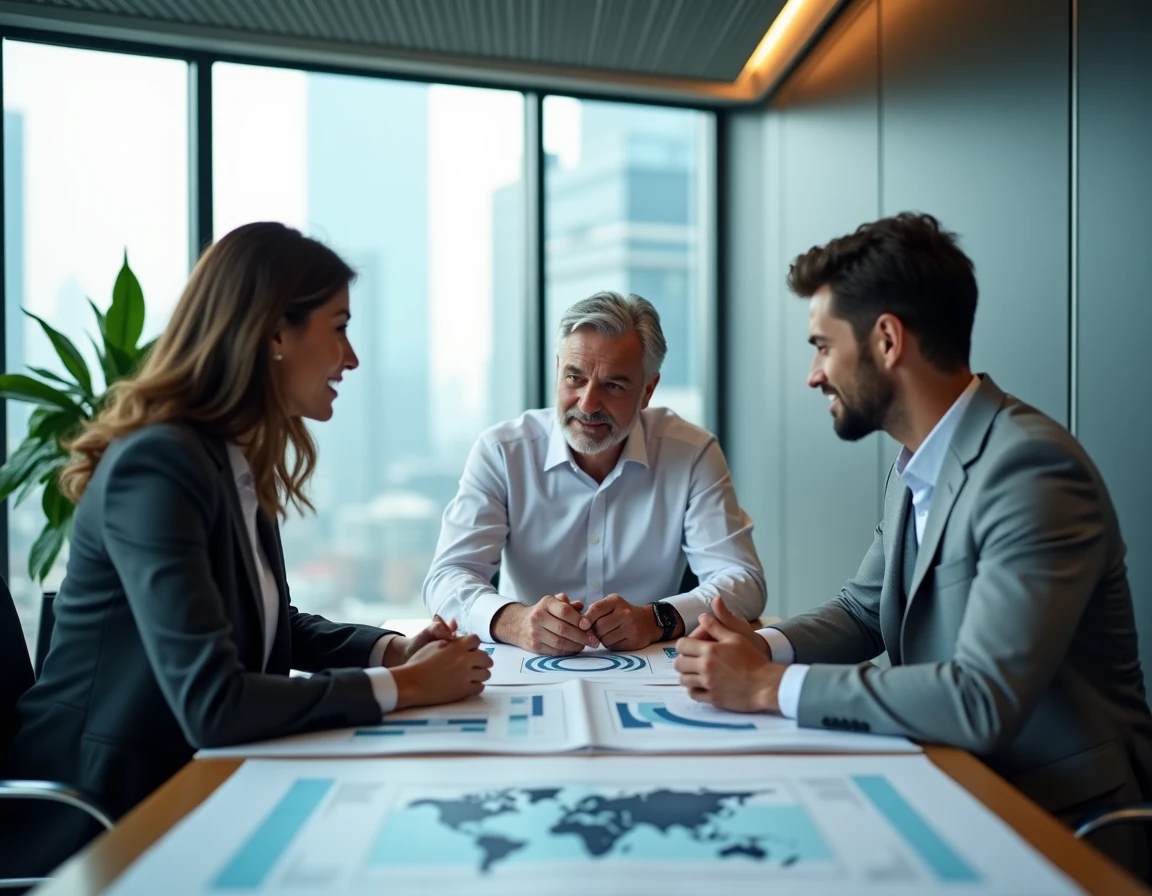 Équipe de professionnels diversifiée autour d'une table de conférence avec des documents de stratégie de marque mondiale, illustrant la dimension internationale du cabinet KPMG