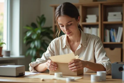 Femme organisant un espace de travail à domicile pour l'emballage d'échantillons avec des boîtes kraft et des fournitures sur un bureau en bois