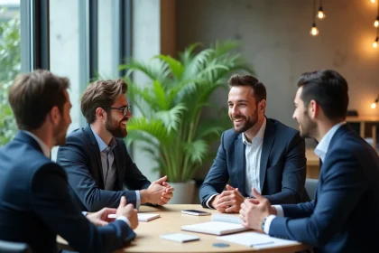 Groupe de professionnels B2B en discussion lors d'un événement de networking gratuit autour d'une table moderne