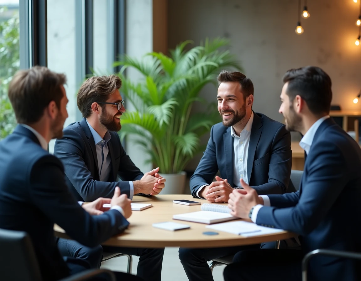 Groupe de professionnels B2B en discussion lors d'un événement de networking gratuit autour d'une table moderne
