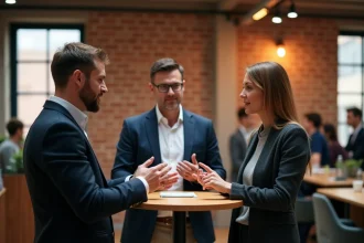 Trois professionnels en discussion lors d'un événement de networking B2B pour PME, échangeant des cartes de visite dans un espace co-working moderne