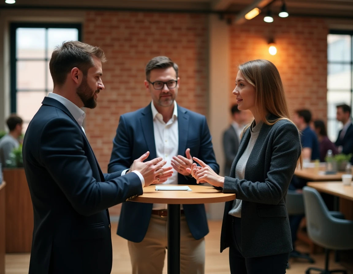 Trois professionnels en discussion lors d'un événement de networking B2B pour PME, échangeant des cartes de visite dans un espace co-working moderne