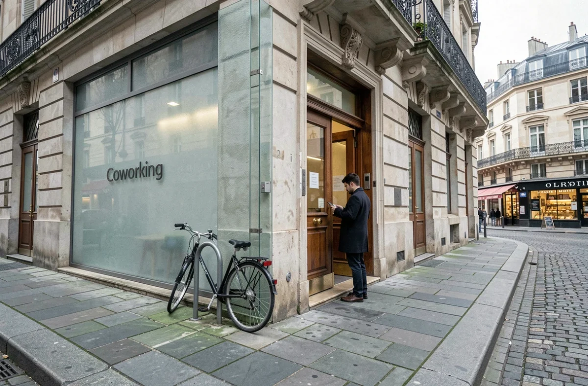 Façade d'un espace de coworking sur une rue parisienne typique proche de la place de la Bastille