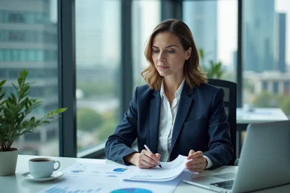 Femme d'affaires en costume navy analysant des graphiques