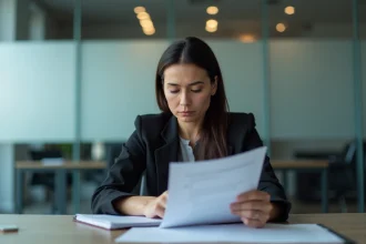 Femme d'affaires examinant des documents dans un bureau moderne
