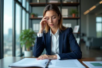 Femme d'affaires en costume bleu examinant des documents internationaux