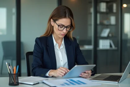 Femme d'affaires analysant un graphique financier sur une tablette