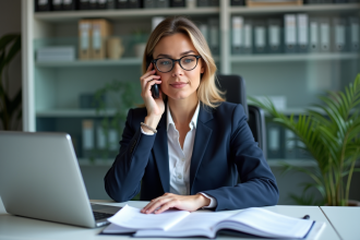 Femme d affaires en bureau moderne avec documents et ordinateur