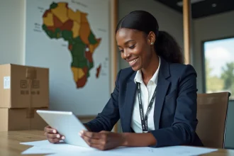 Femme africaine en bureau avec tablette et documents