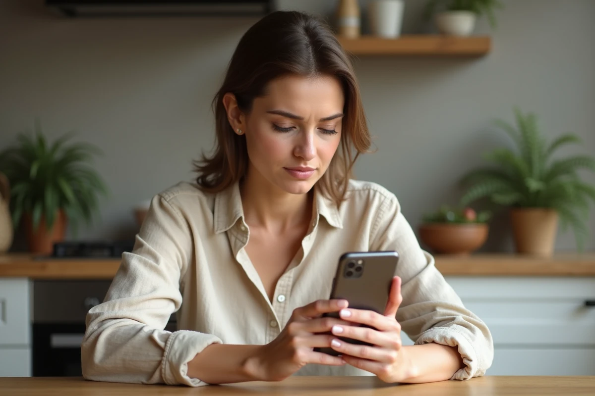 Femme consultant l'application UPS sur smartphone pour suivre un colis depuis sa cuisine