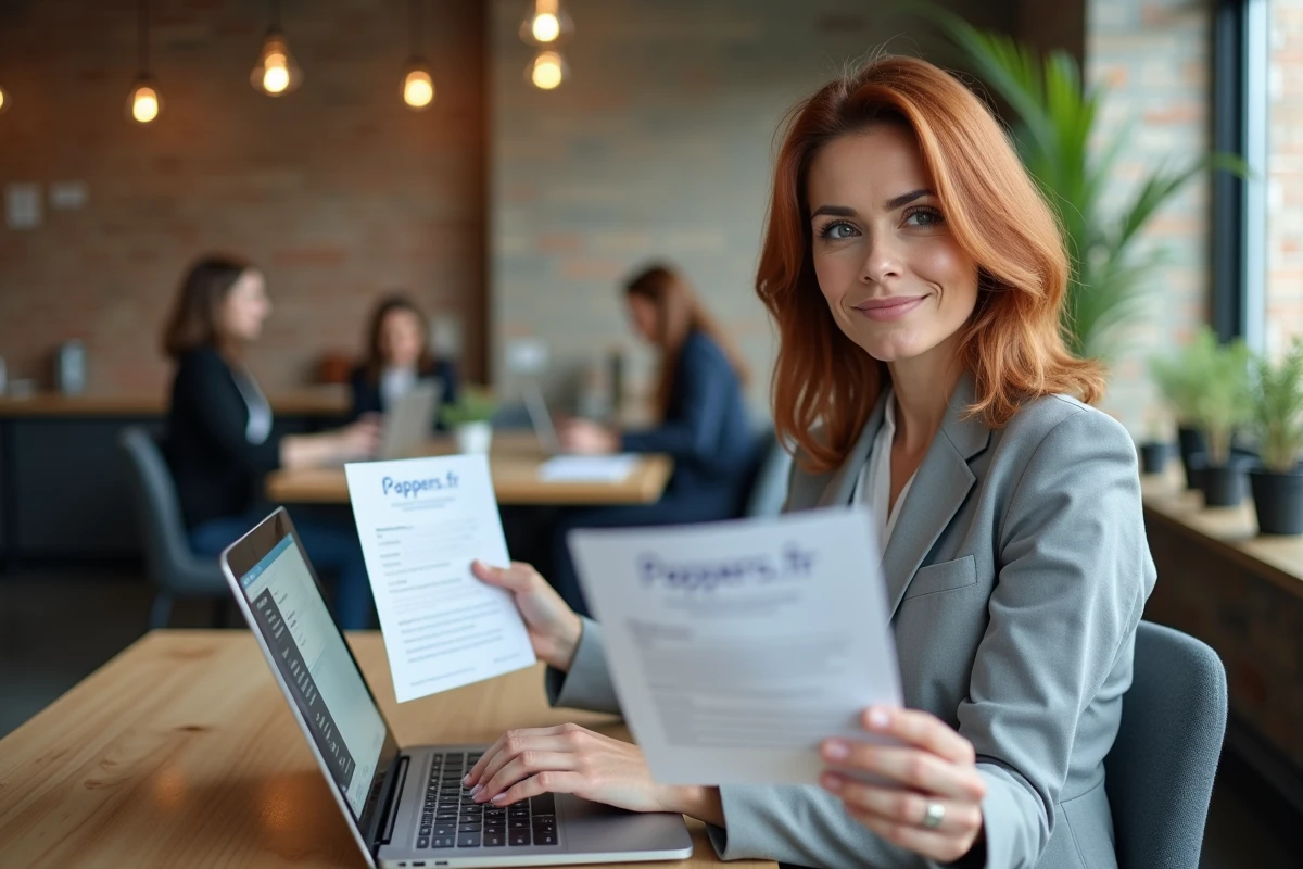 Femme auto-entrepreneur consultant le site Pappers sur ordinateur portable dans un espace de co-working moderne