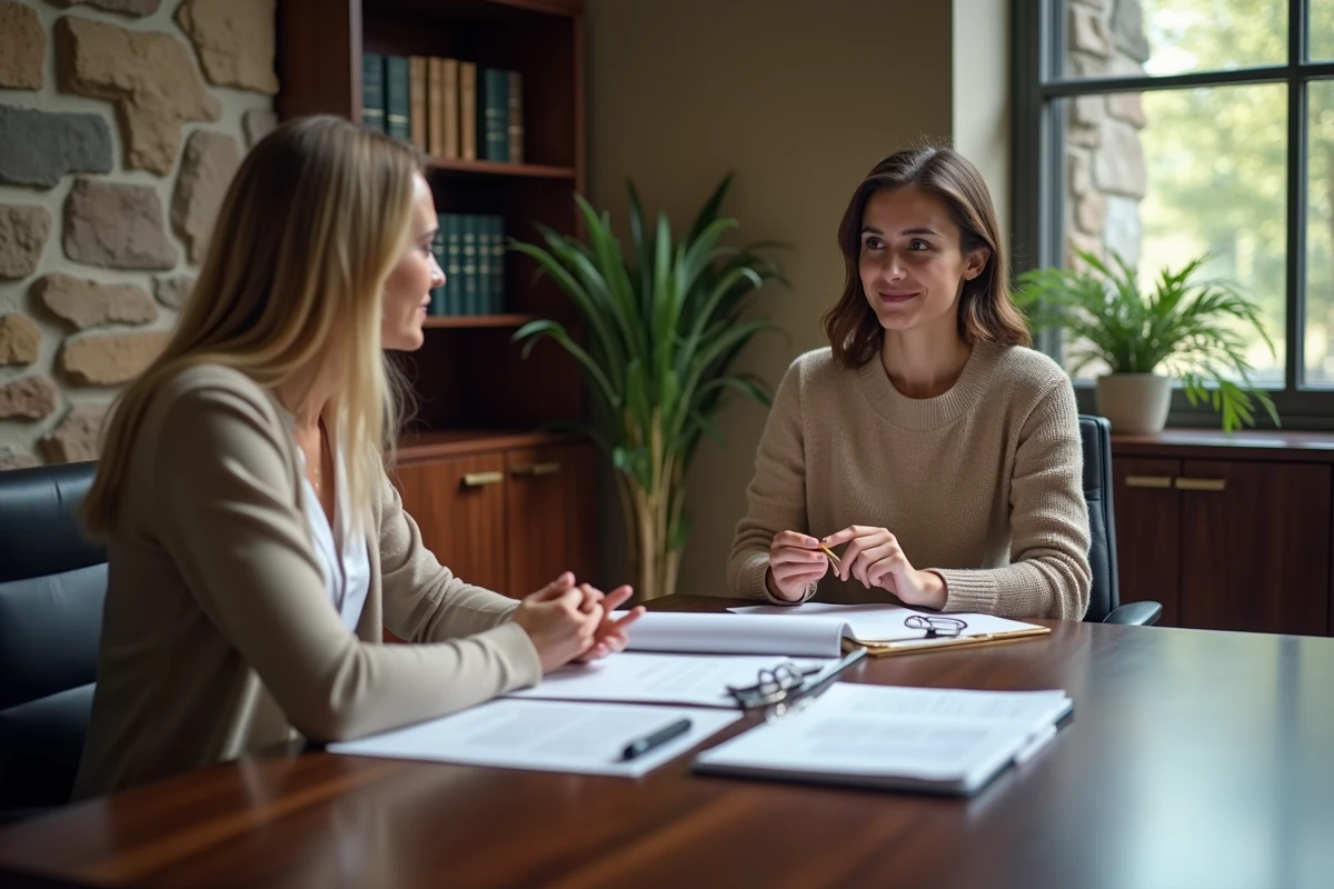 Femme avocat expliquant des documents &agrave; une jeune femme au bureau