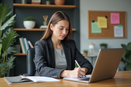 Jeune femme en bureau analysant des données sociales
