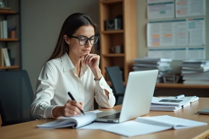 Femme concentrée au bureau avec calculatrice digitale