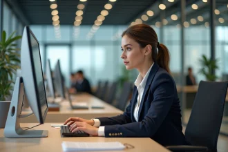 Femme d affaires concentrée au bureau moderne