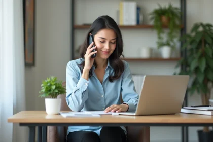 Femme au bureau parlant au smartphone pour gérer ses affaires