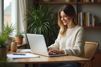 Femme souriante dans un bureau cosy et lumineux