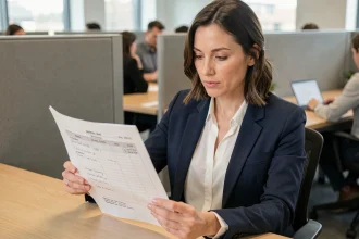 Femme cadre en bureau examinant un planning de temps de travail mensuel avec annotations manuscrites