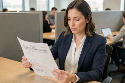 Femme cadre en bureau examinant un planning de temps de travail mensuel avec annotations manuscrites