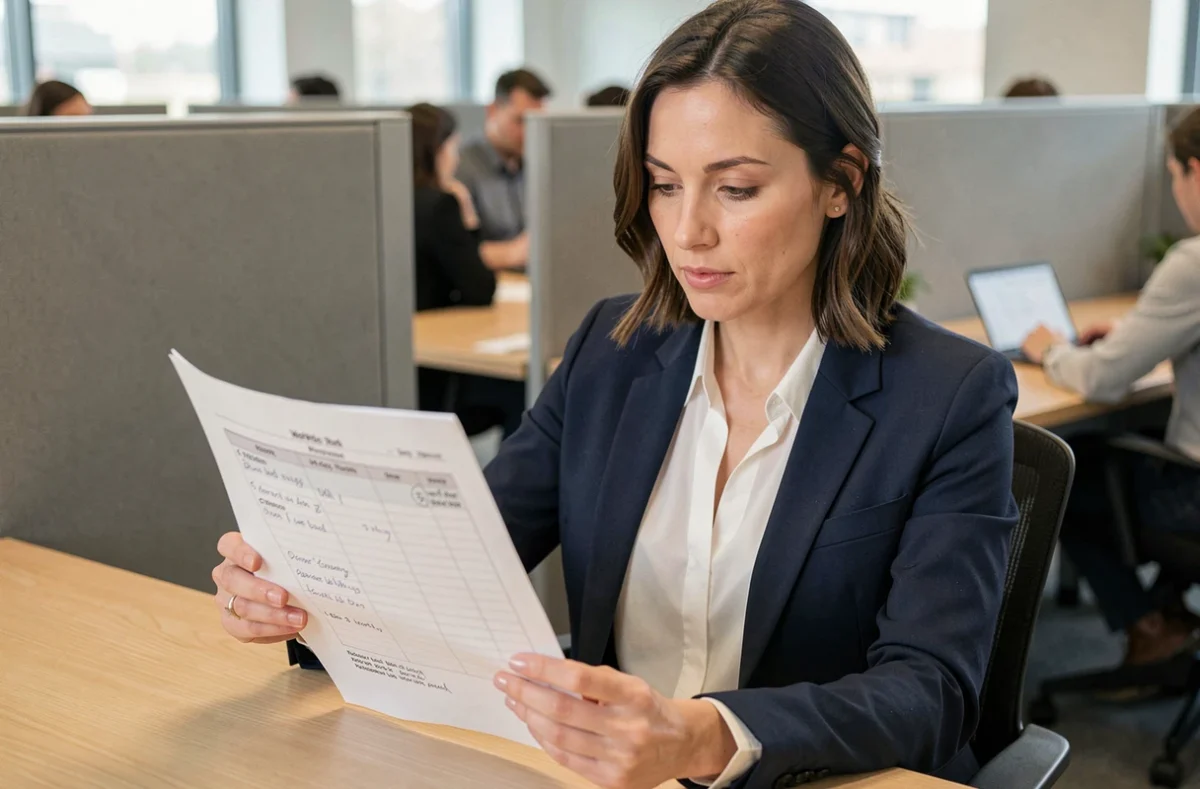 Femme cadre en bureau examinant un planning de temps de travail mensuel avec annotations manuscrites