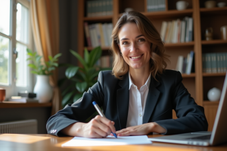Femme en tenue professionnelle travaillant à son bureau lumineux