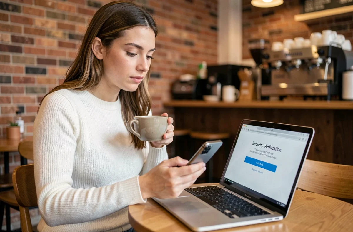 Jeune femme dans un café vérifiant un code d'authentification à deux facteurs sur son téléphone pour récupérer son mot de passe Arkevia