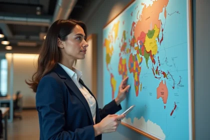 Femme professionnelle pointant une carte du monde mettant en évidence la zone EMEA dans un bureau moderne