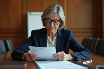 Femme professionnelle consultant l'ordre du jour d'une commission lors d'une réunion formelle en salle de conférence
