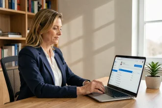 Femme professionnelle consultant ses bulletins de salaire en ligne sur un portail sécurisé depuis son bureau à domicile