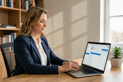 Femme professionnelle consultant ses bulletins de salaire en ligne sur un portail sécurisé depuis son bureau à domicile
