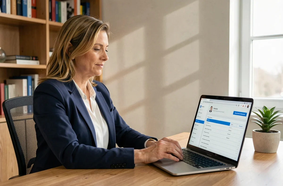 Femme professionnelle consultant ses bulletins de salaire en ligne sur un portail sécurisé depuis son bureau à domicile