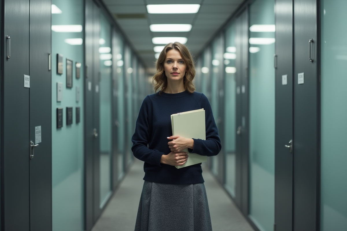 Femme dans un couloir de bureau contemplative