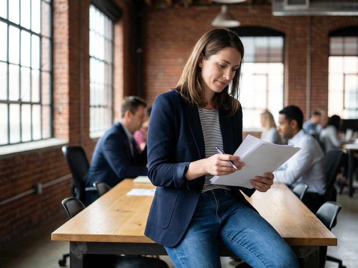 Jeune femme en blazer dans un espace coworking lumineux