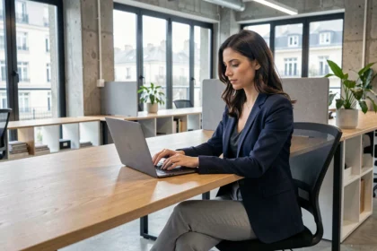 Femme professionnelle travaillant sur un ordinateur portable dans un espace de coworking moderne à Levallois-Perret