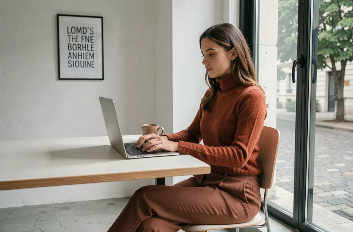 Femme concentrée travaillant seule dans un espace de coworking moderne et minimaliste à Paris