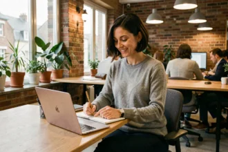 Femme travaillant dans un espace de coworking moderne à Mont-Saint-Aignan avec un ordinateur portable et un carnet de notes
