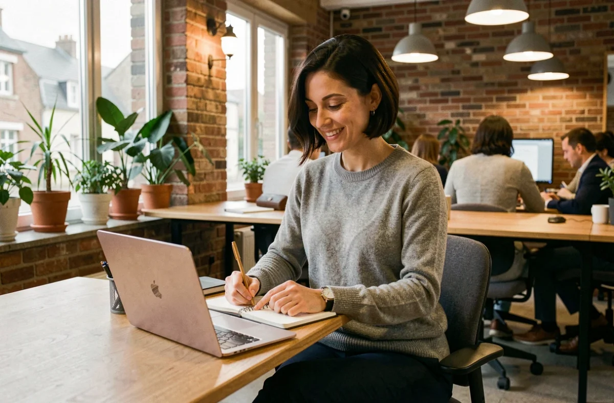 Femme travaillant dans un espace de coworking moderne à Mont-Saint-Aignan avec un ordinateur portable et un carnet de notes