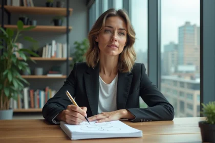 Femme en blazer esquissant des cercles dans un bureau moderne