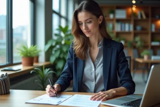 Femme entrepreneur analysant une stratégie de prix sur des documents dans un bureau moderne