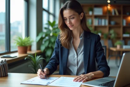 Femme entrepreneur analysant une stratégie de prix sur des documents dans un bureau moderne