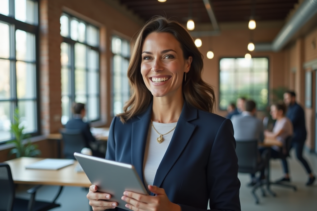 Femme entrepreneure souriante avec tablette dans espace de coworking