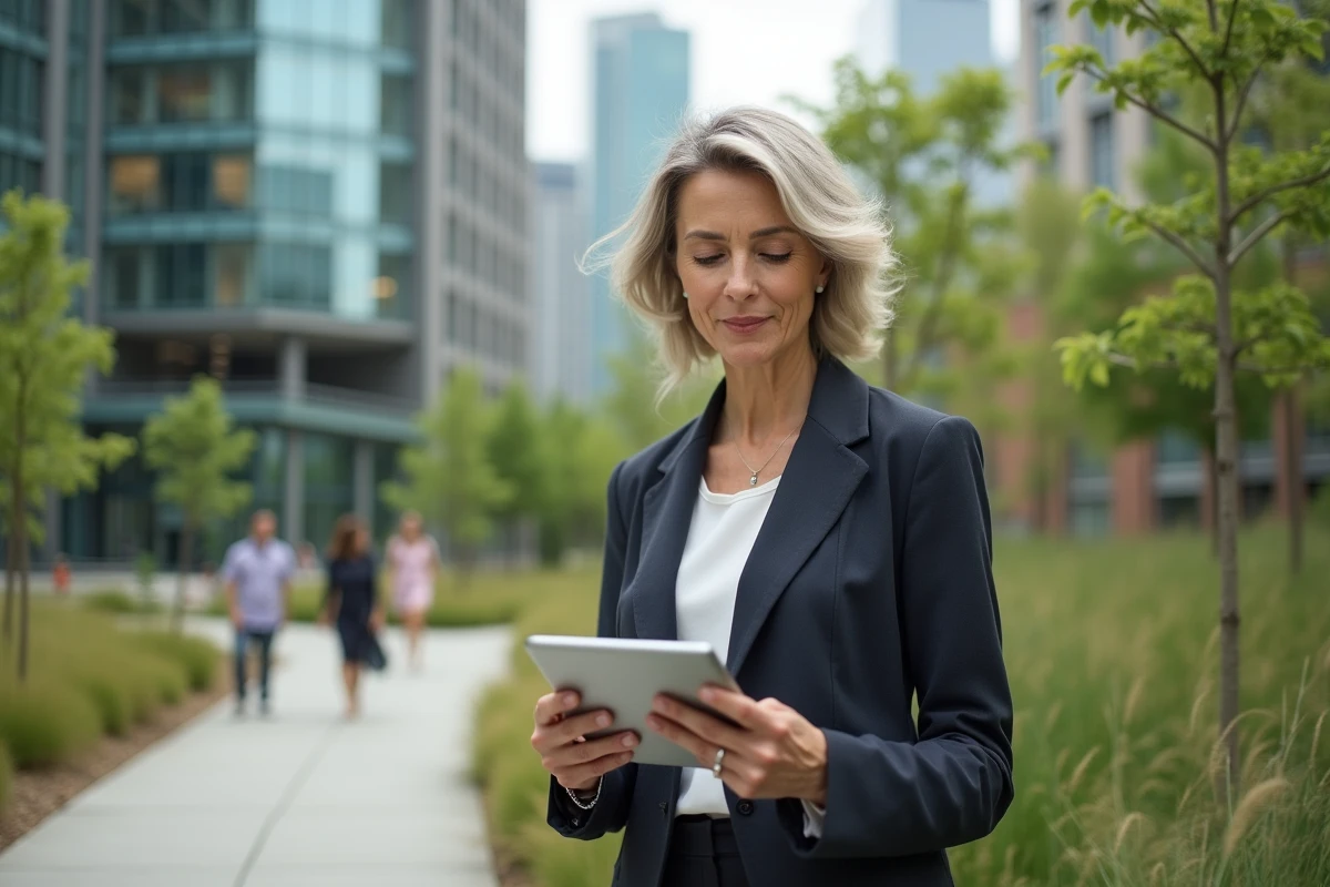 Femme cadre dans un parc urbain avec bâtiment écologique