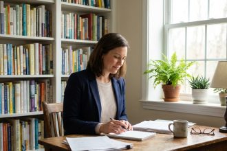 Femme concentrée dans son bureau à domicile avec livres et plantes