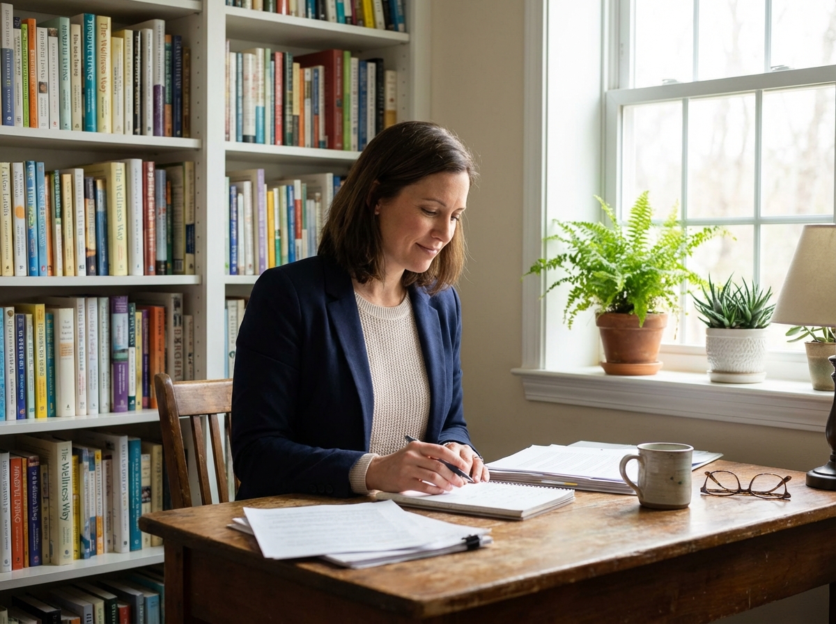 Femme concentrée dans son bureau à domicile avec livres et plantes