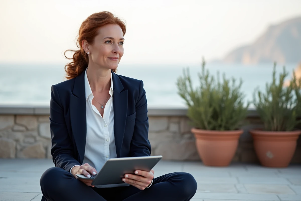 Femme indépendante en télétravail depuis une terrasse avec vue sur la mer