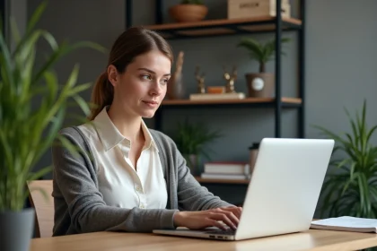 Jeune femme concentrée sur son ordinateur dans un bureau moderne
