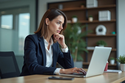 Femme en blazer navy travaillant sur un ordinateur au bureau